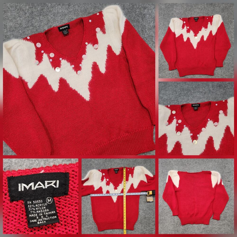 VTG‎ Imari Womens M Medium Acrylic Nylon Angora Knit Sparkle Red V Neck Sweater